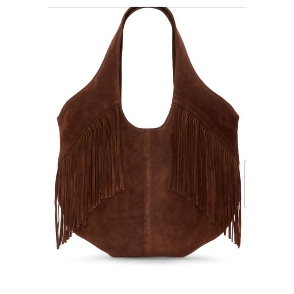 Lucky Brand Genuine Leather  Nyra Bag Tan Fringe Boho Suede Hobo Tote Bag - Picture 2 of 7